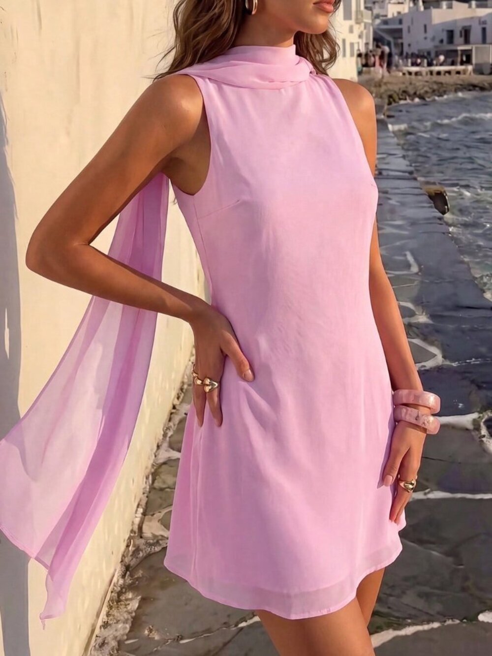 Pink Casual Women's Backless Sleeveless Mesh Holiday Beachwear Dress - Picture 3 of 7